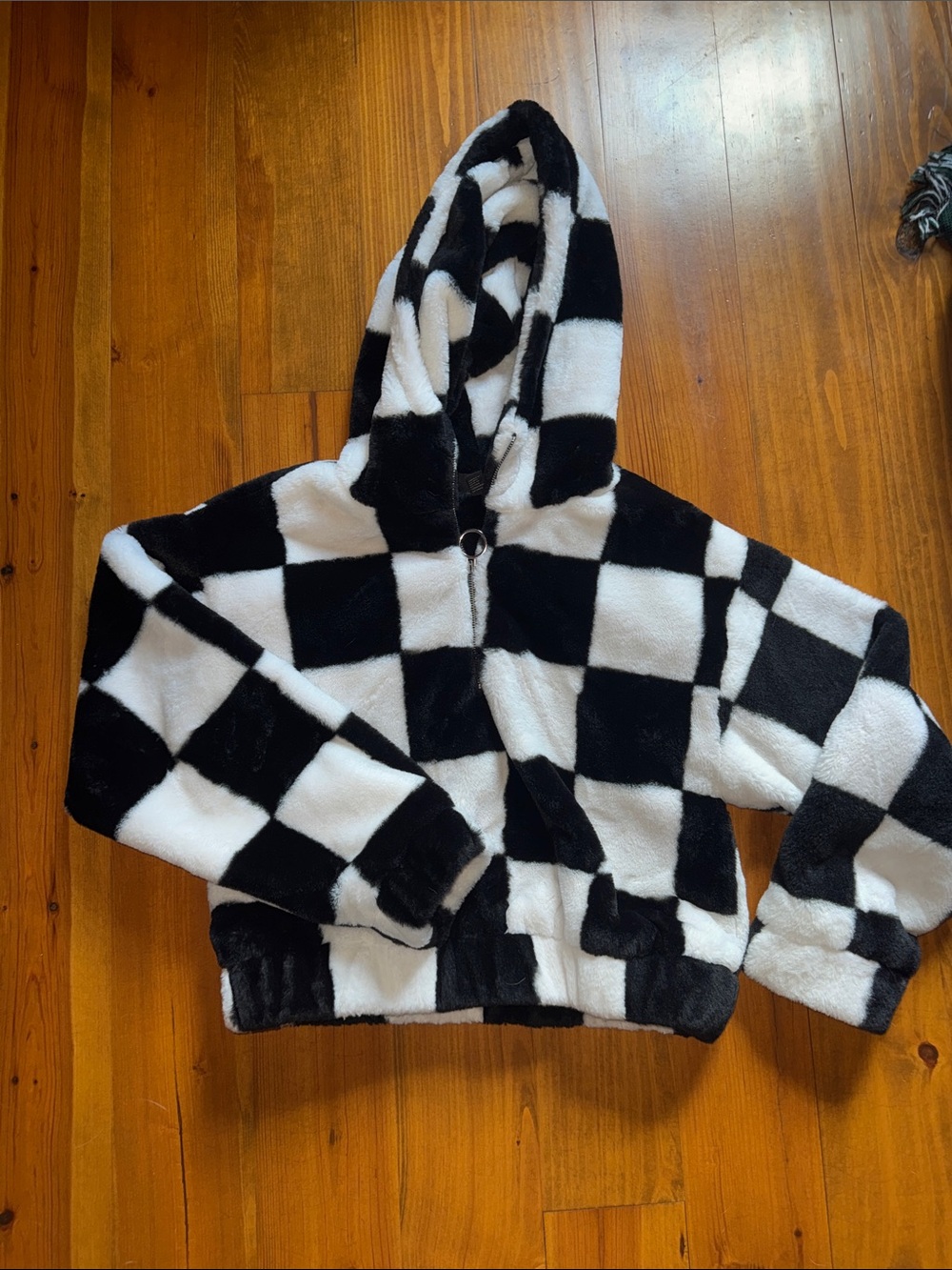 Forever 21 Black and White Checkered Hooded Puffer Jacket